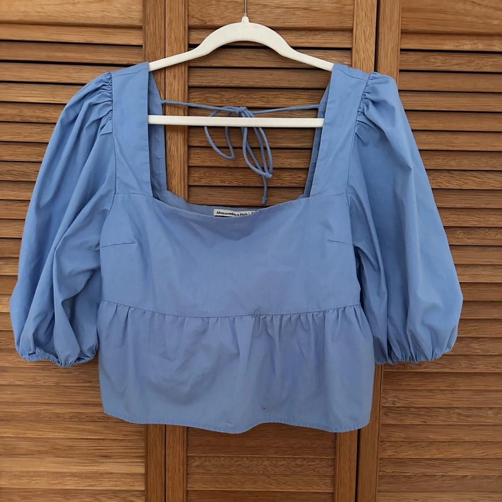 Abercrombie & Fitch Women's M Blue Poplin Top With Puff Sleeves